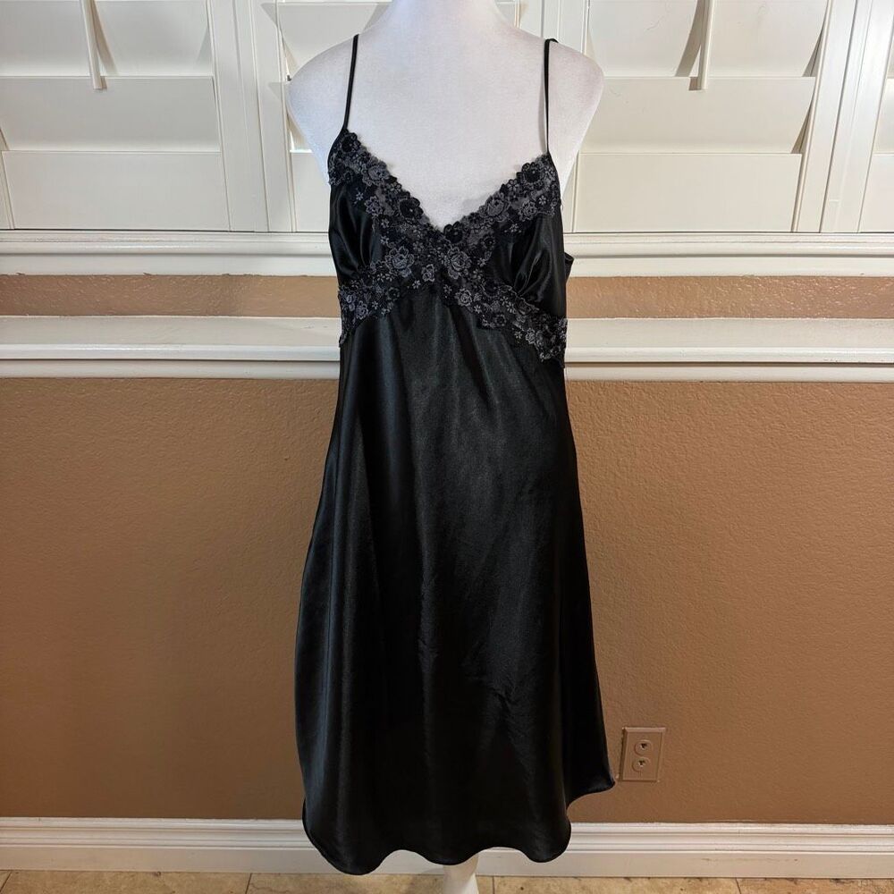Black Satin Lace Chemise Slip Dress Lingerie Dark Fairy Goth Y2K Grunge Glam M